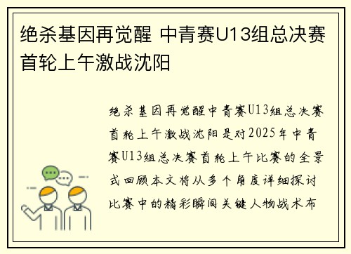 绝杀基因再觉醒 中青赛U13组总决赛首轮上午激战沈阳